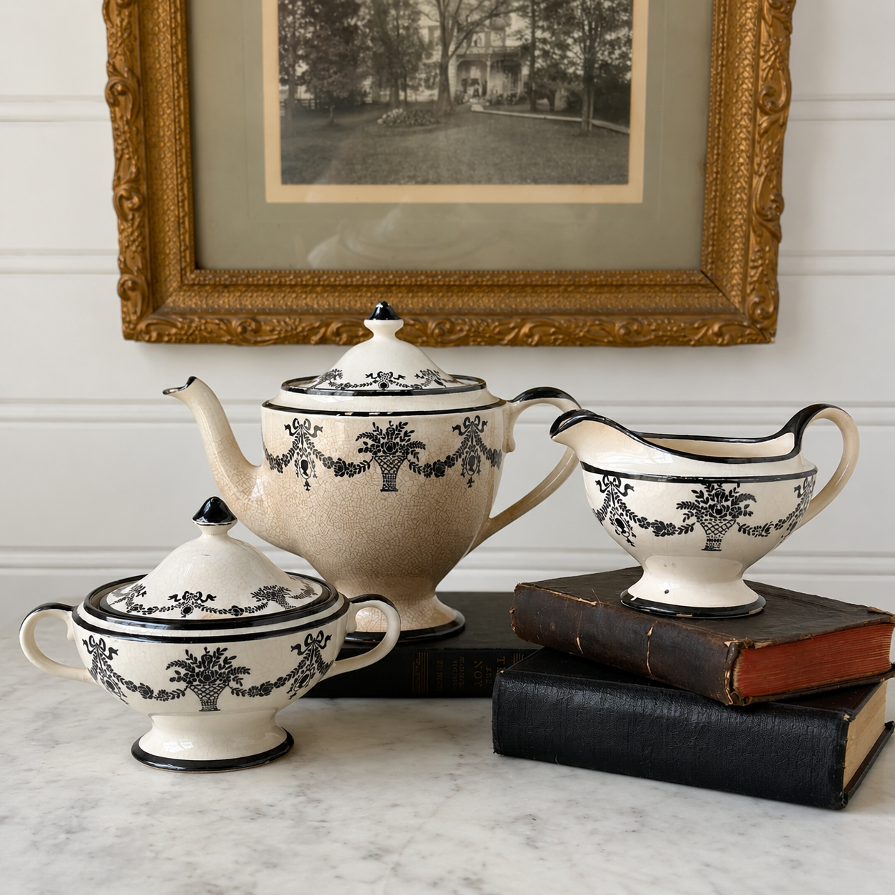 Antique English Black Transferware Three-Piece Tea Set Circa 1825–1845