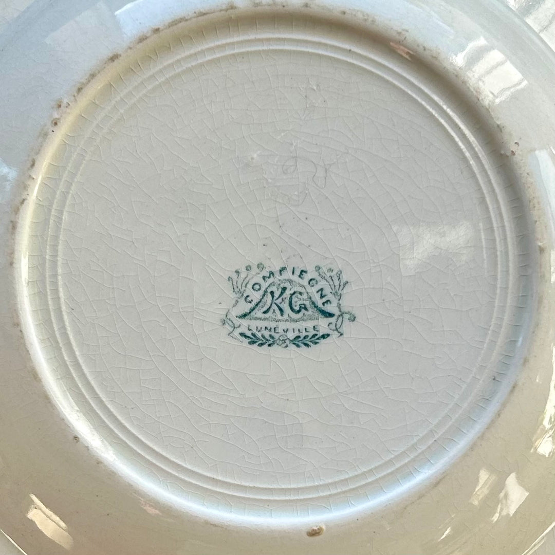 Antique French Faïence Soup Plate | KG Lunéville | Green Transferware Border