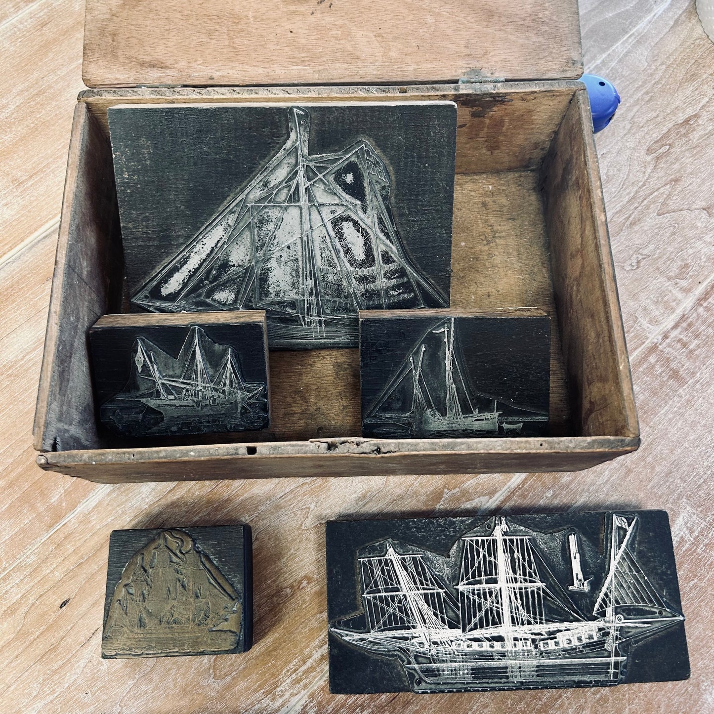 Antique French Maritime Letterpress Printing Blocks in Original Wooden Box
France | Circa 1900–1925