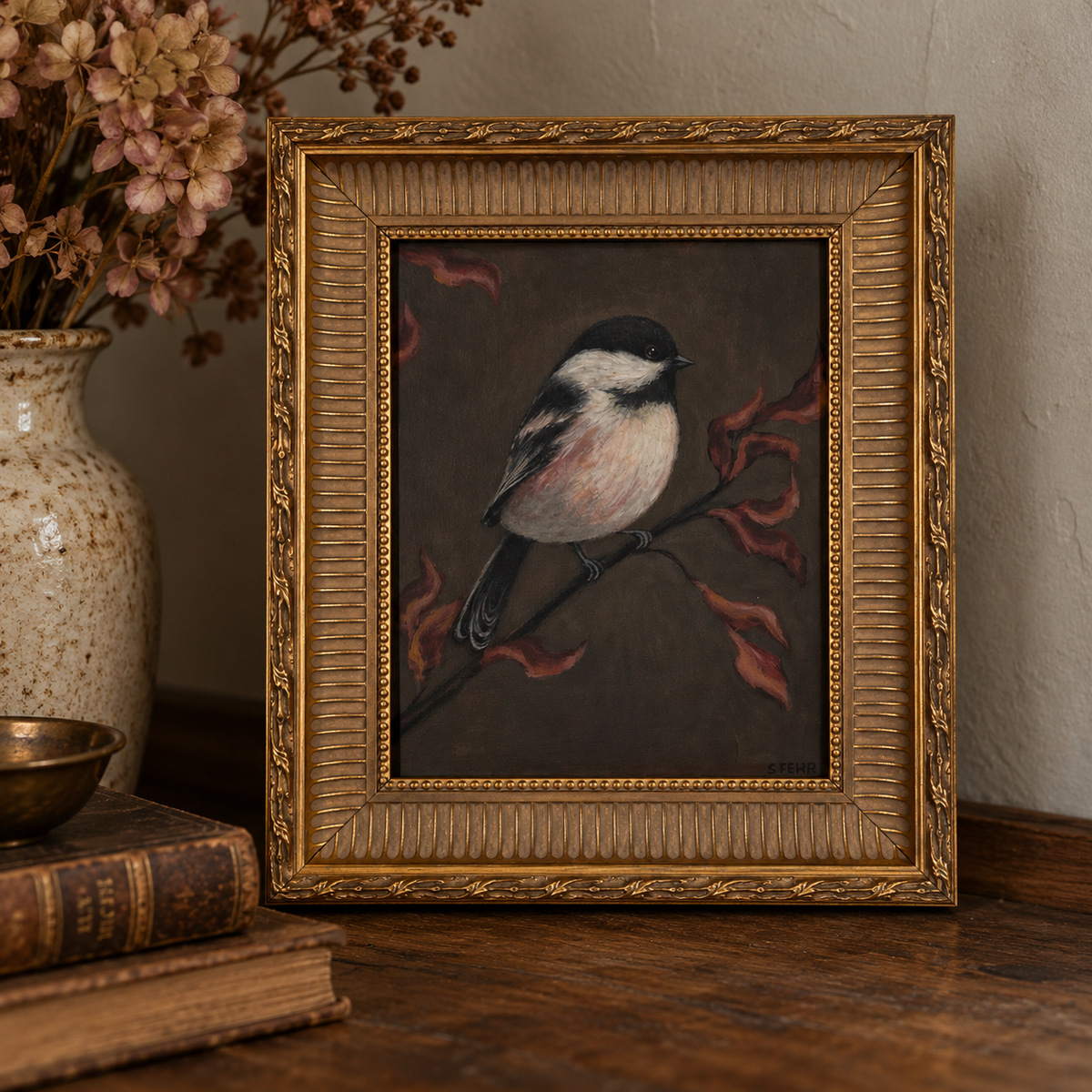 Original Chickadee Painting by Sarah Fehr | Ornate Gold Frame