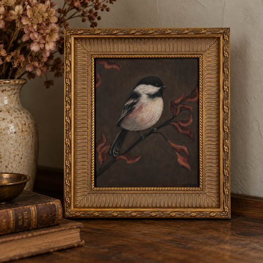 Original Chickadee Painting by Sarah Fehr | Ornate Gold Frame