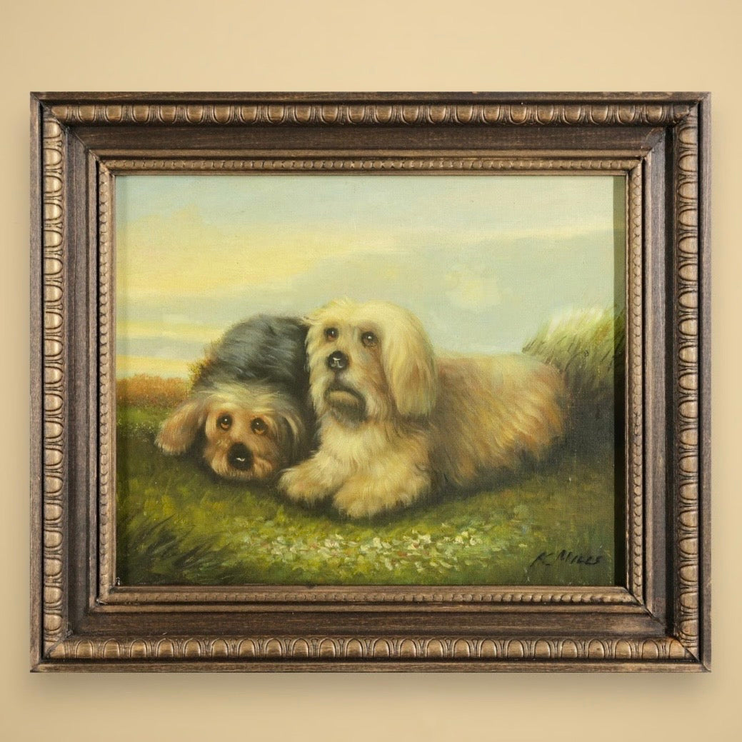 Vintage Signed Oil Painting of Two Dogs