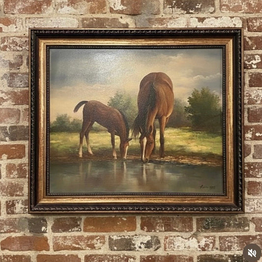 “By the Water’s Edge” — Vintage Horse & Foal Oil Painting