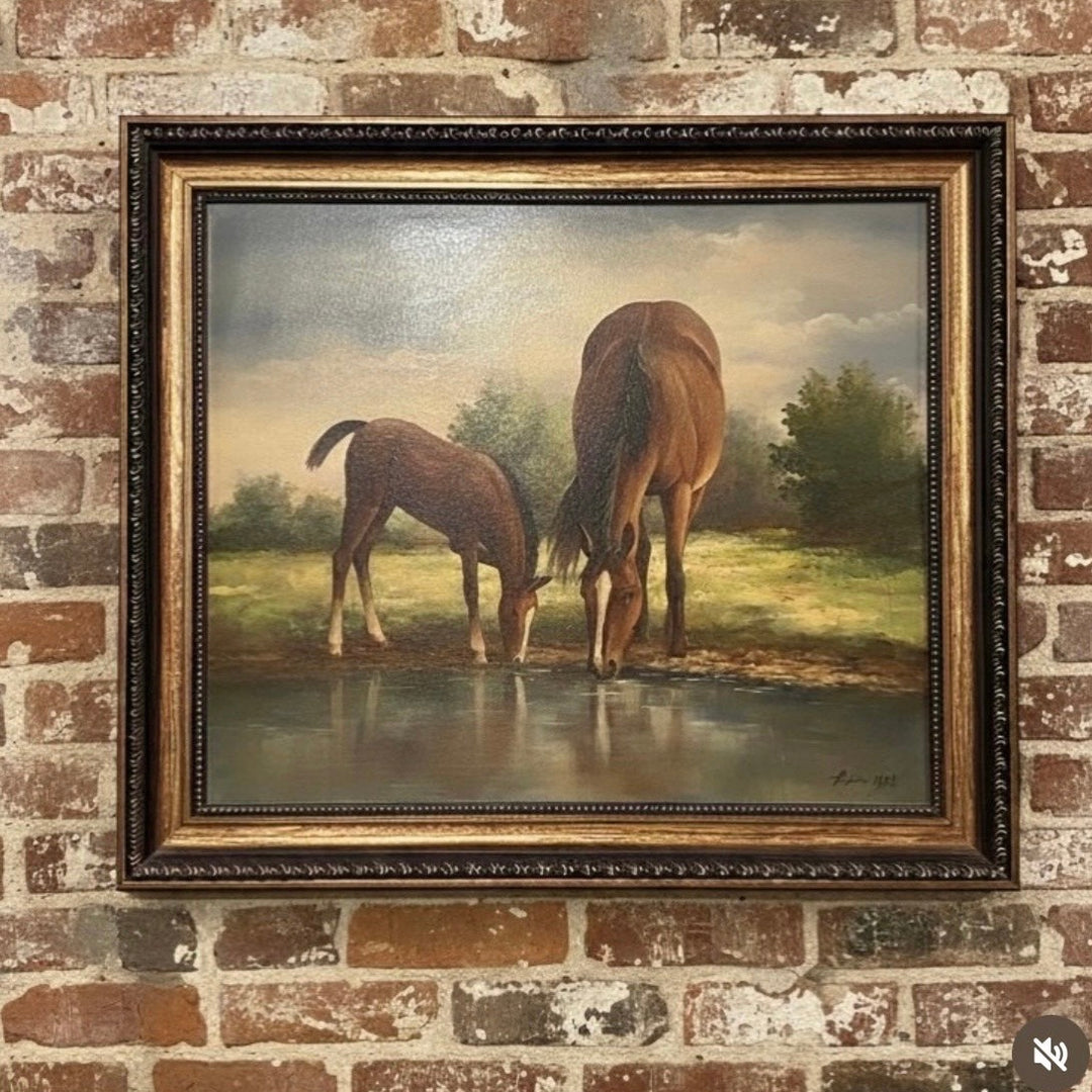 “By the Water’s Edge” — Vintage Horse & Foal Oil Painting