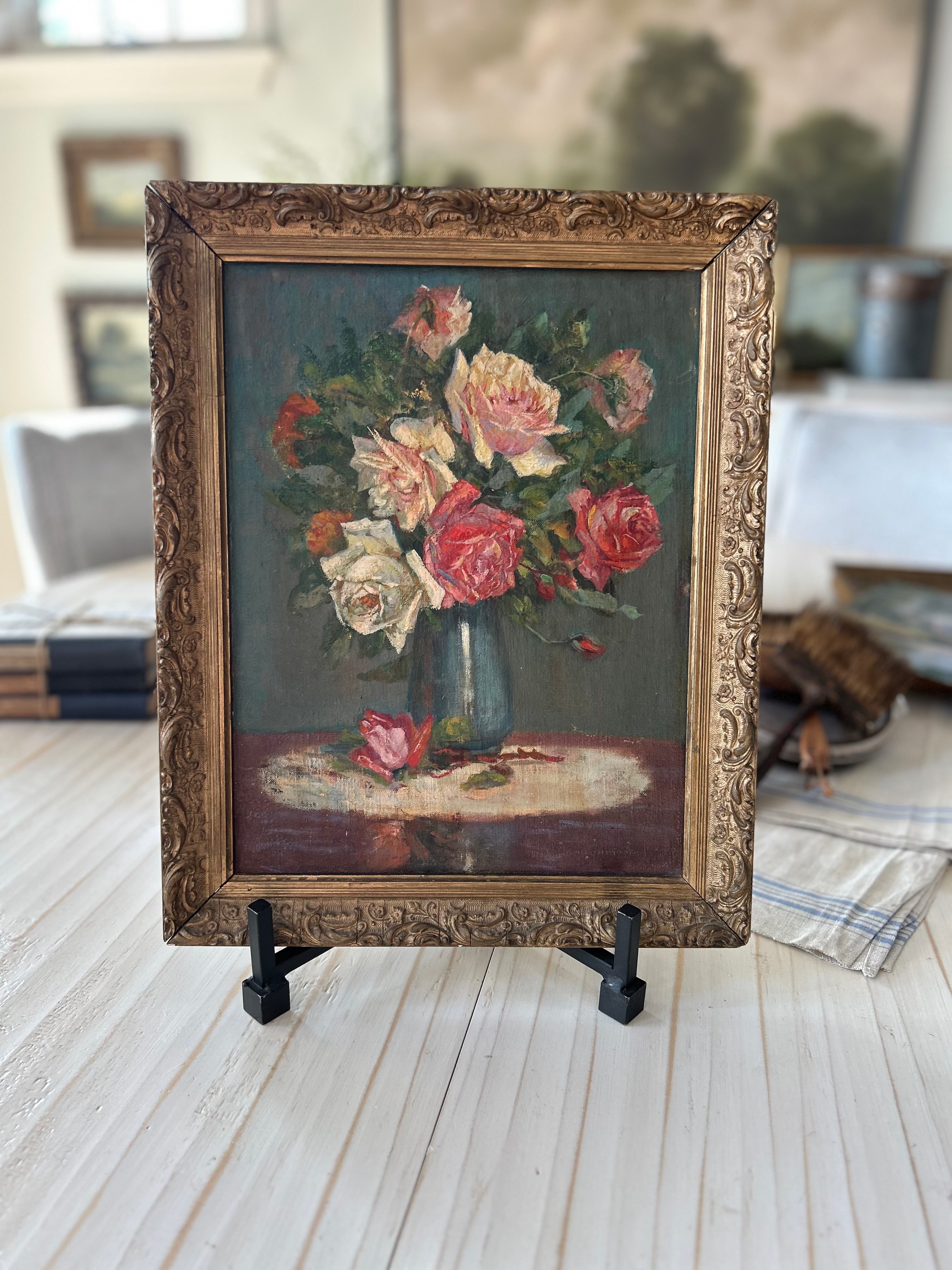 Roses- oil on canvas, French antique