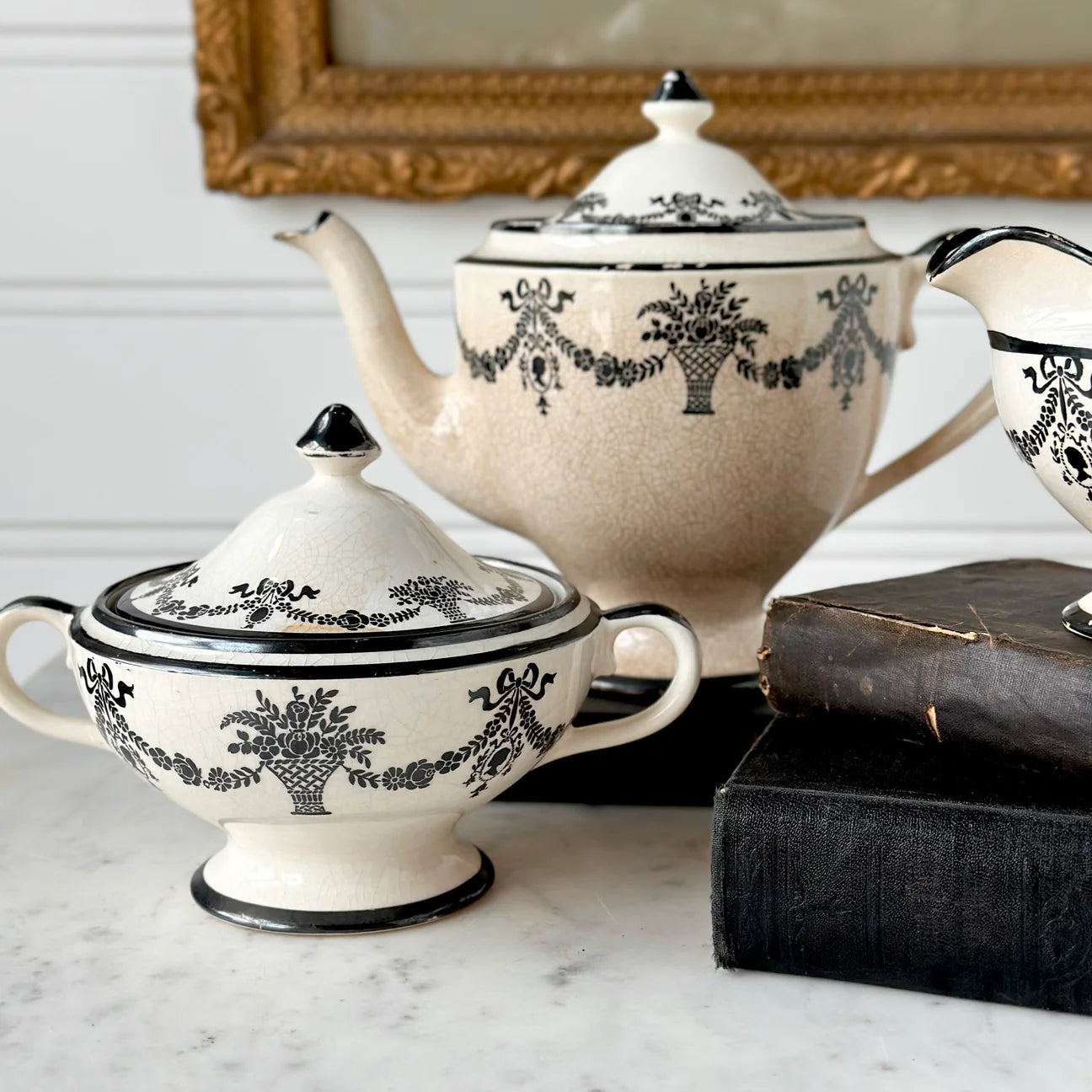 Antique English Black Transferware Three-Piece Tea Set Circa 1825–1845