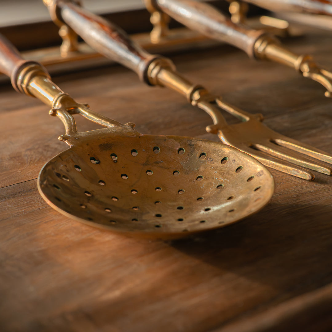 Vintage brass & wood kitchen utensil set