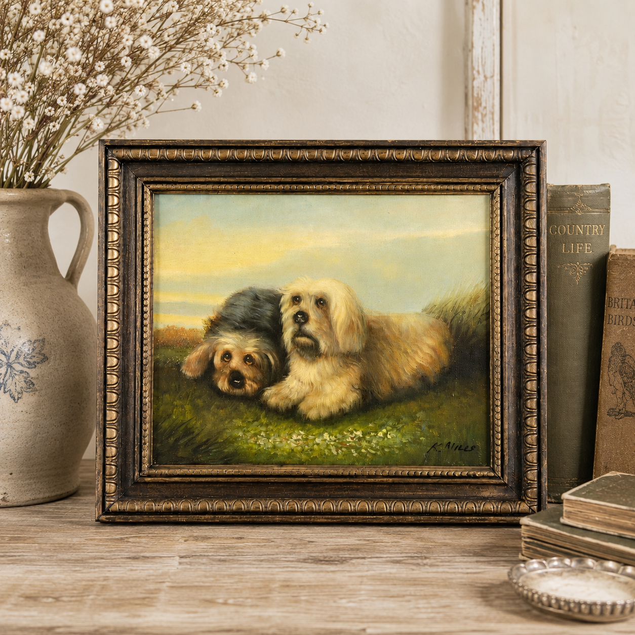 Vintage Signed Oil Painting of Two Dogs