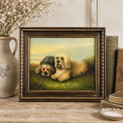 Vintage Signed Oil Painting of Two Dogs