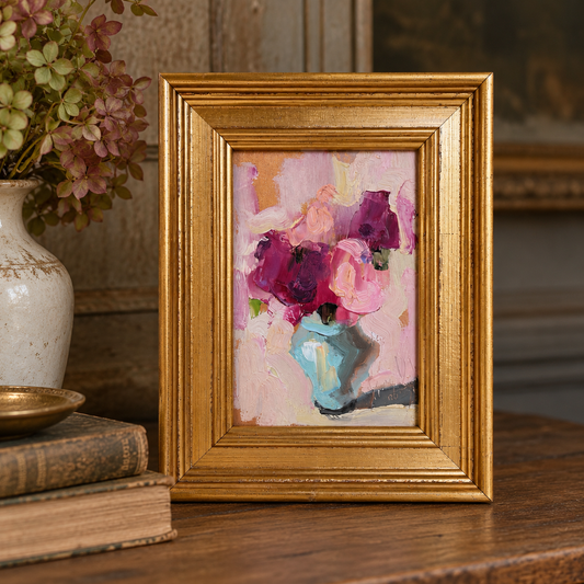 Vintage European Floral Oil Painting in Gold Frame