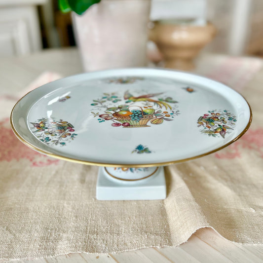 Vintage Limoges Porcelain Pedestal Compote Dish with Fruit & Bird Motif
