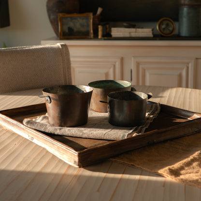 Antique tinned iron measuring pots - set of three