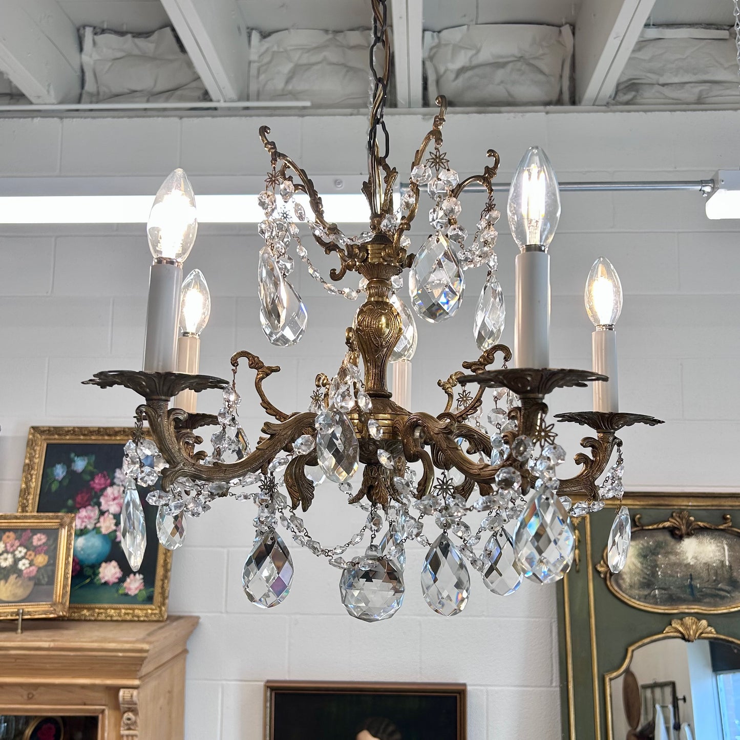 Vintage French Style Cast Brass & Crystal Chandelier