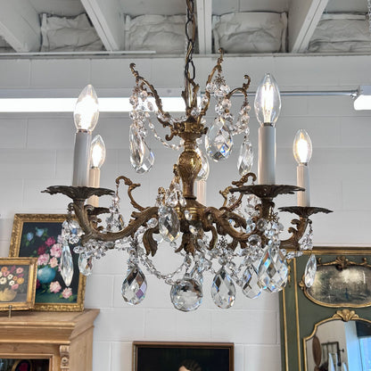 Vintage French Style Cast Brass & Crystal Chandelier