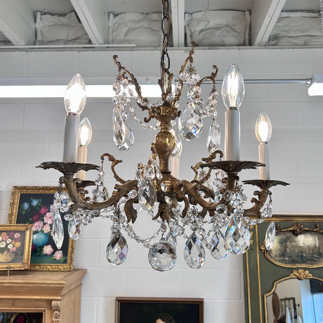 Vintage French Style Cast Brass & Crystal Chandelier