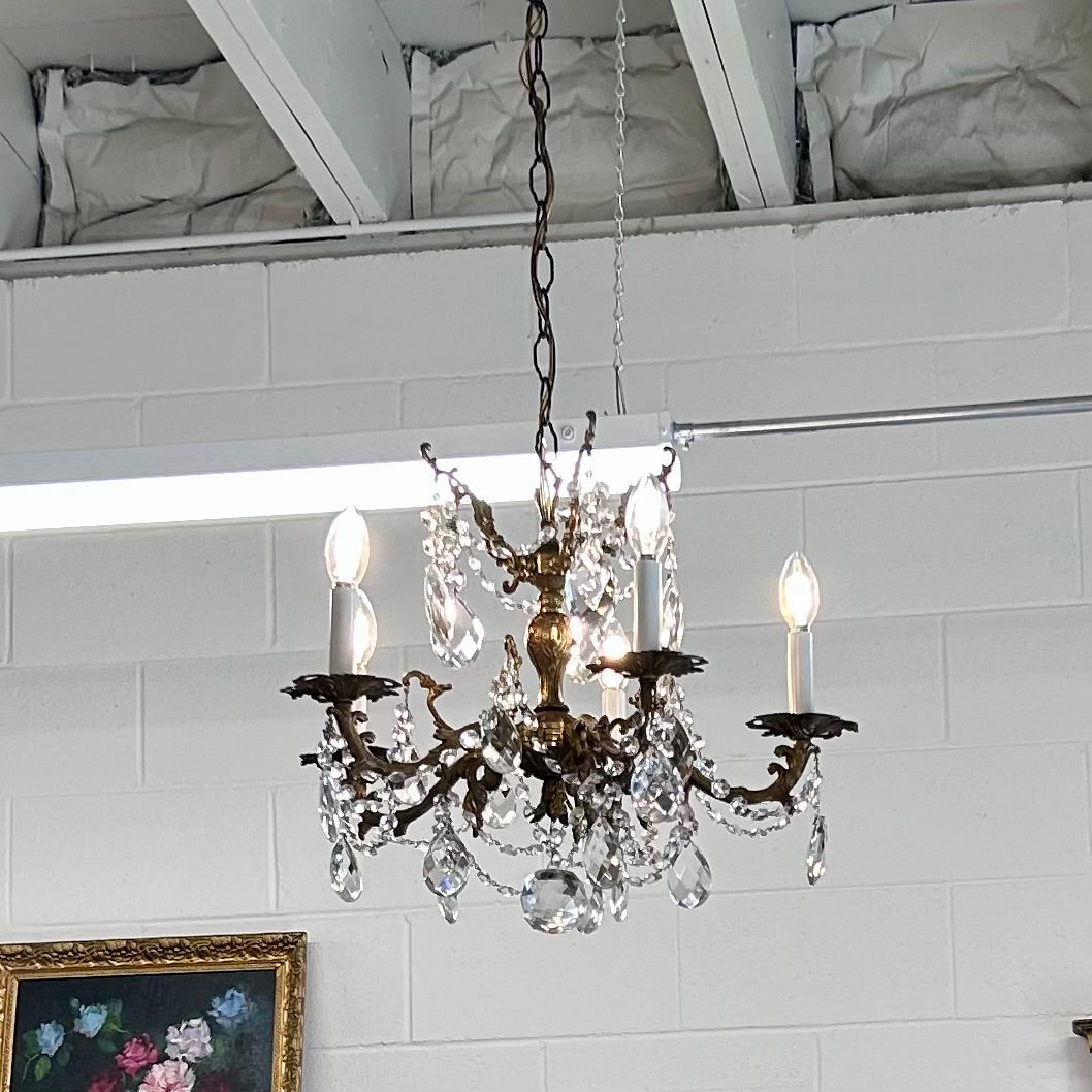 Vintage French Style Cast Brass & Crystal Chandelier