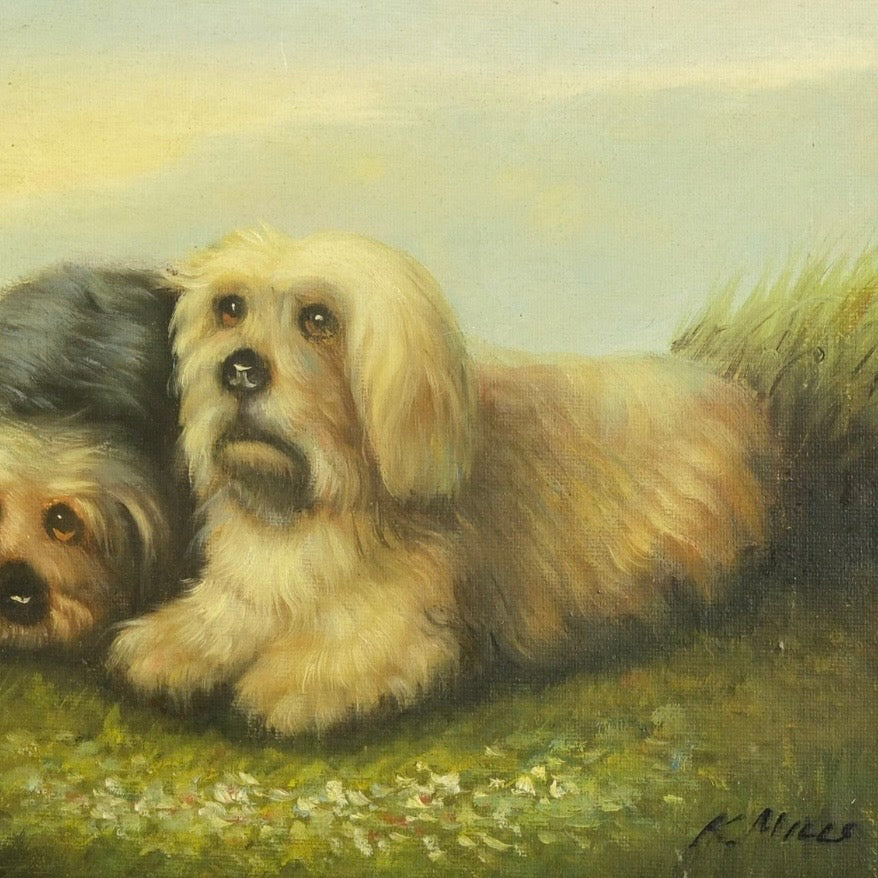 Vintage Signed Oil Painting of Two Dogs