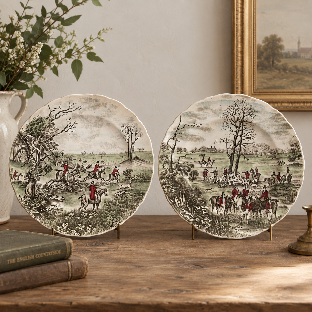 Pair of Antique English “Tally Ho” Hunting Plates – Johnson Bros
England, circa 1910s–1920s