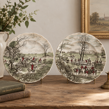 Pair of Antique English “Tally Ho” Hunting Plates – Johnson Bros
England, circa 1910s–1920s