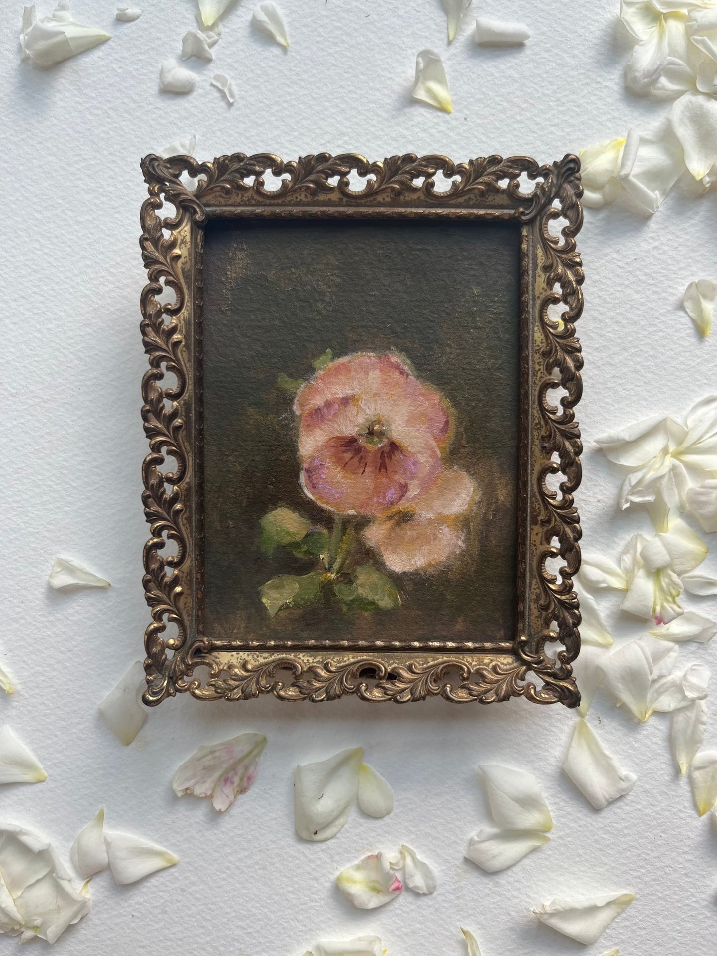 Antique Shades Pansies on Umber-Framed Fine Art Print 5x7” (frame not as shown)