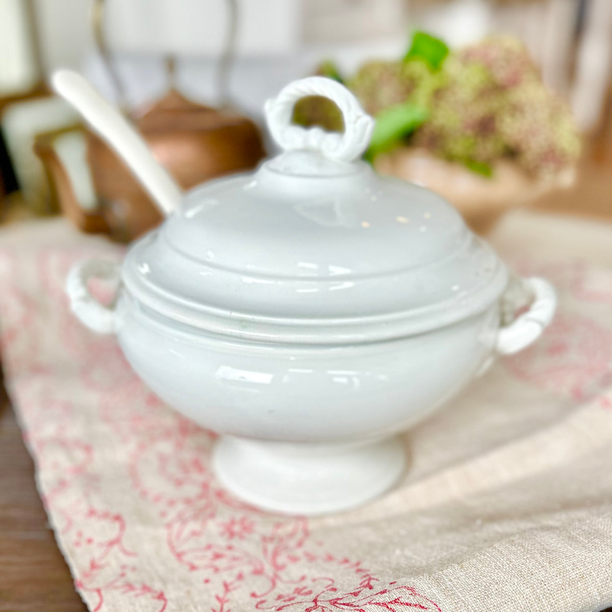 Antique French White Ironstone Pedestal Tureen with Lid & Ladle Circa 1880–1920