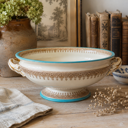 Antique Royal Worcester Vitreous Turquoise & Gilt Handled Serving Bowl