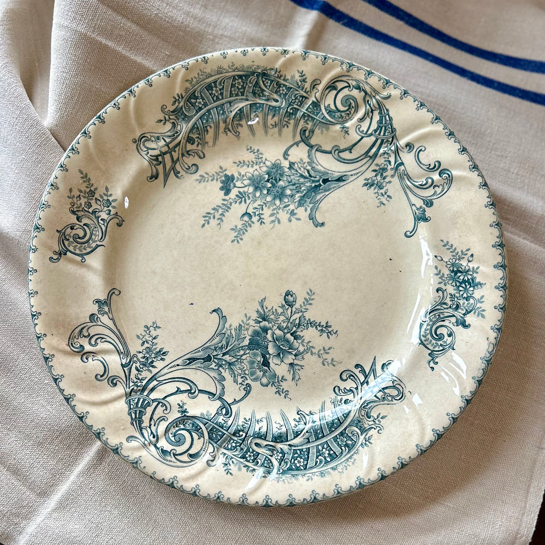 Antique French Transferware Plates – “Madeleine” Pattern, Blue Floral Scroll (B.F.K.)