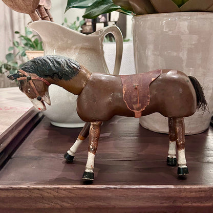 Antique Articulated Wooden Toy Horse with Original Leather Tack | Circa 1890