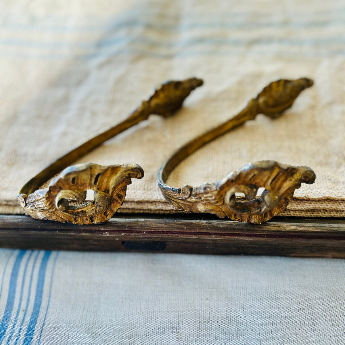 Antique French Gilt Brass Wall Hook — Pair