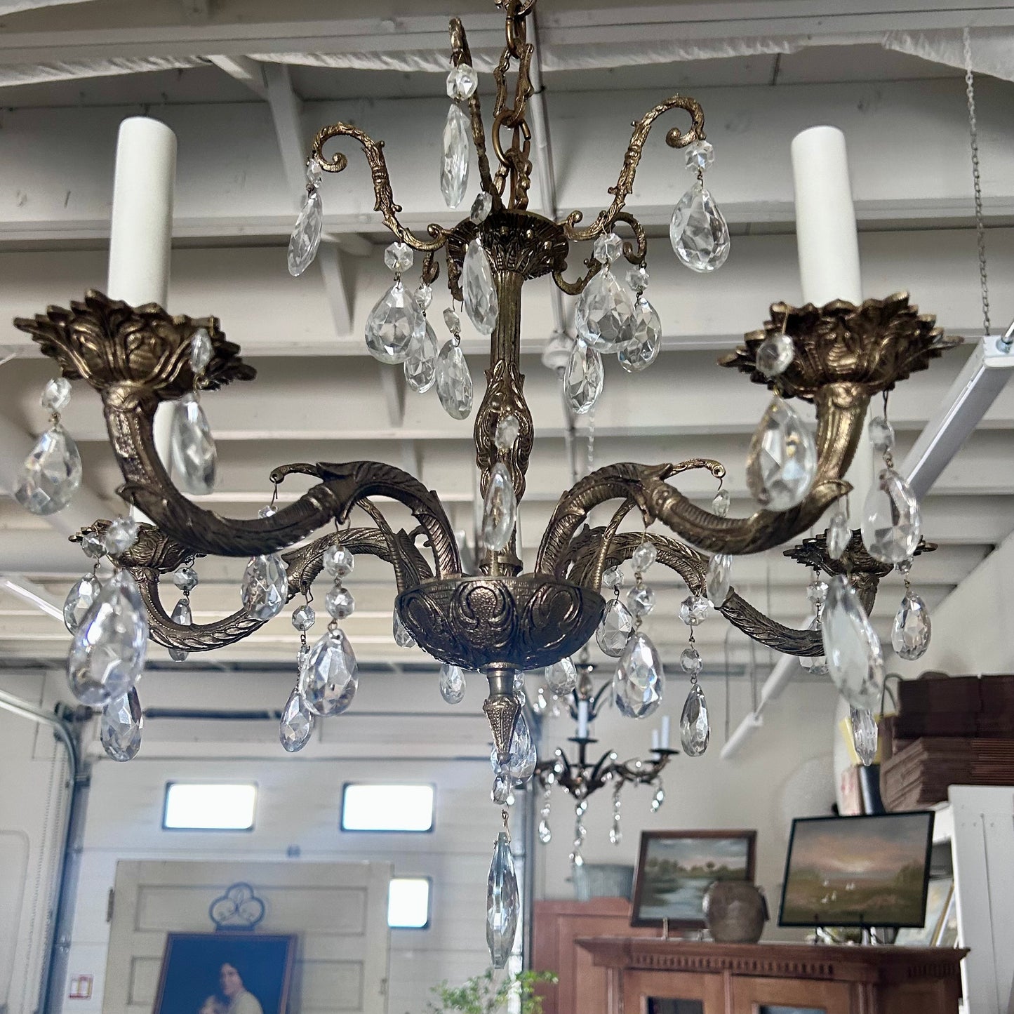 Vintage Gilt Brass & Crystal Chandelier