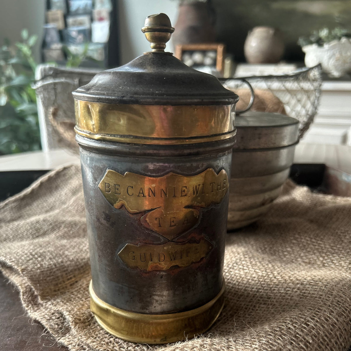 Be Cannie wi’ the Tea, Guidwife” Victorian Tin & Brass Caddy