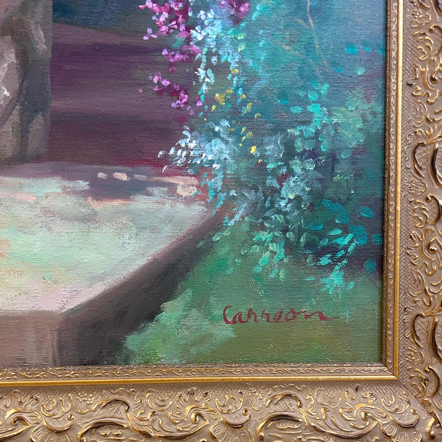 Vintage Original Garden Oil Painting in Ornate Gilt Frame