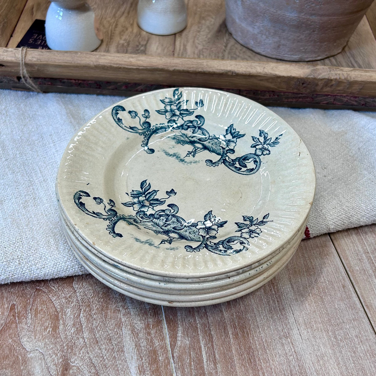 Set of 6 Antique French Blue Transferware Plates – 5 Patterns, c. 1880–1910