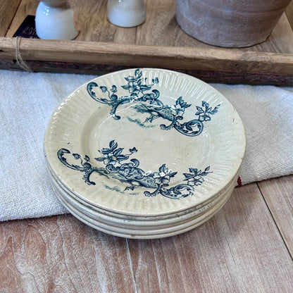 Set of 6 Antique French Blue Transferware Plates – 5 Patterns, c. 1880–1910