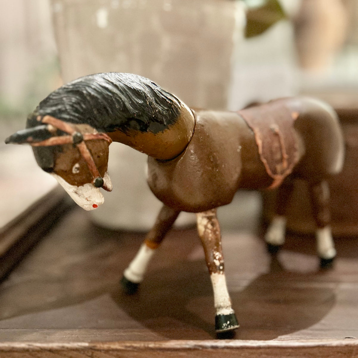 Antique Articulated Wooden Toy Horse with Original Leather Tack | Circa 1890