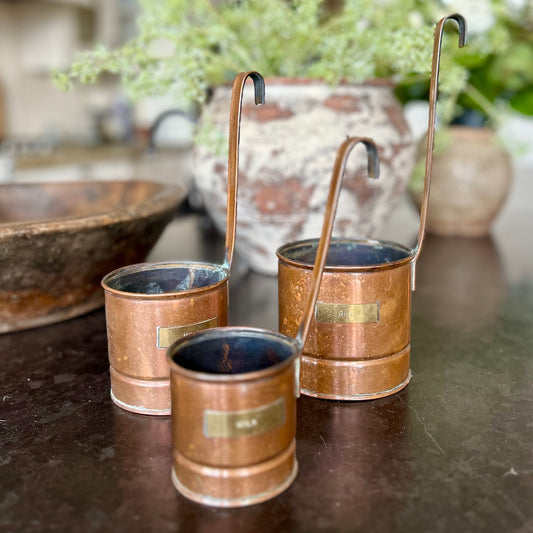 Vintage Copper Hanging Milk Measure Set (3) | European Kitchen Utility