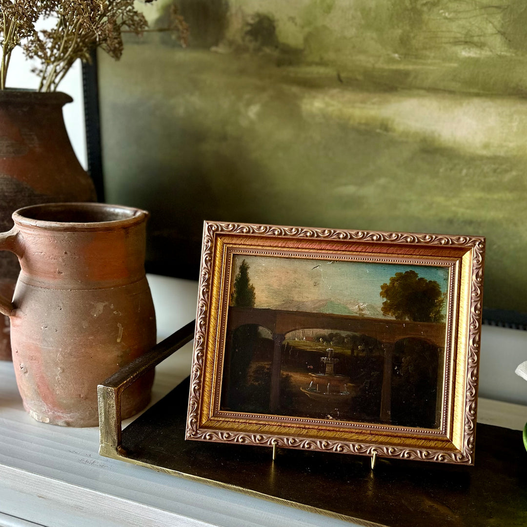 Antique European Fountain Landscape on Wood Panel in vintage style frame