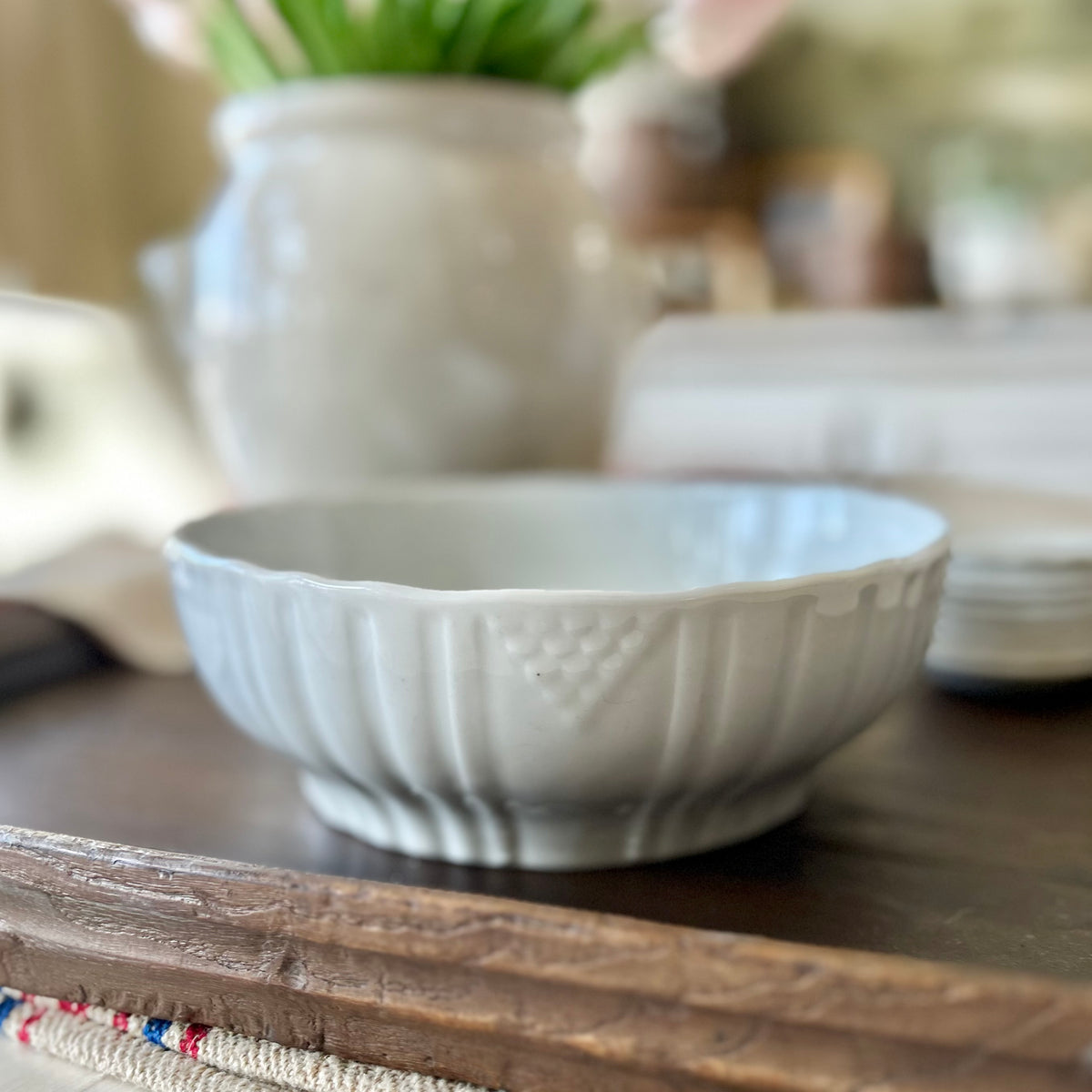 Antique European White Ironstone Serving Bowl with Embossed Detail