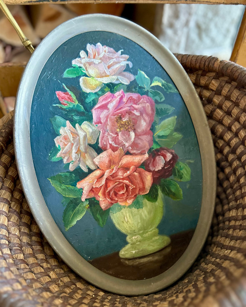Antique oval floral still life oil on board