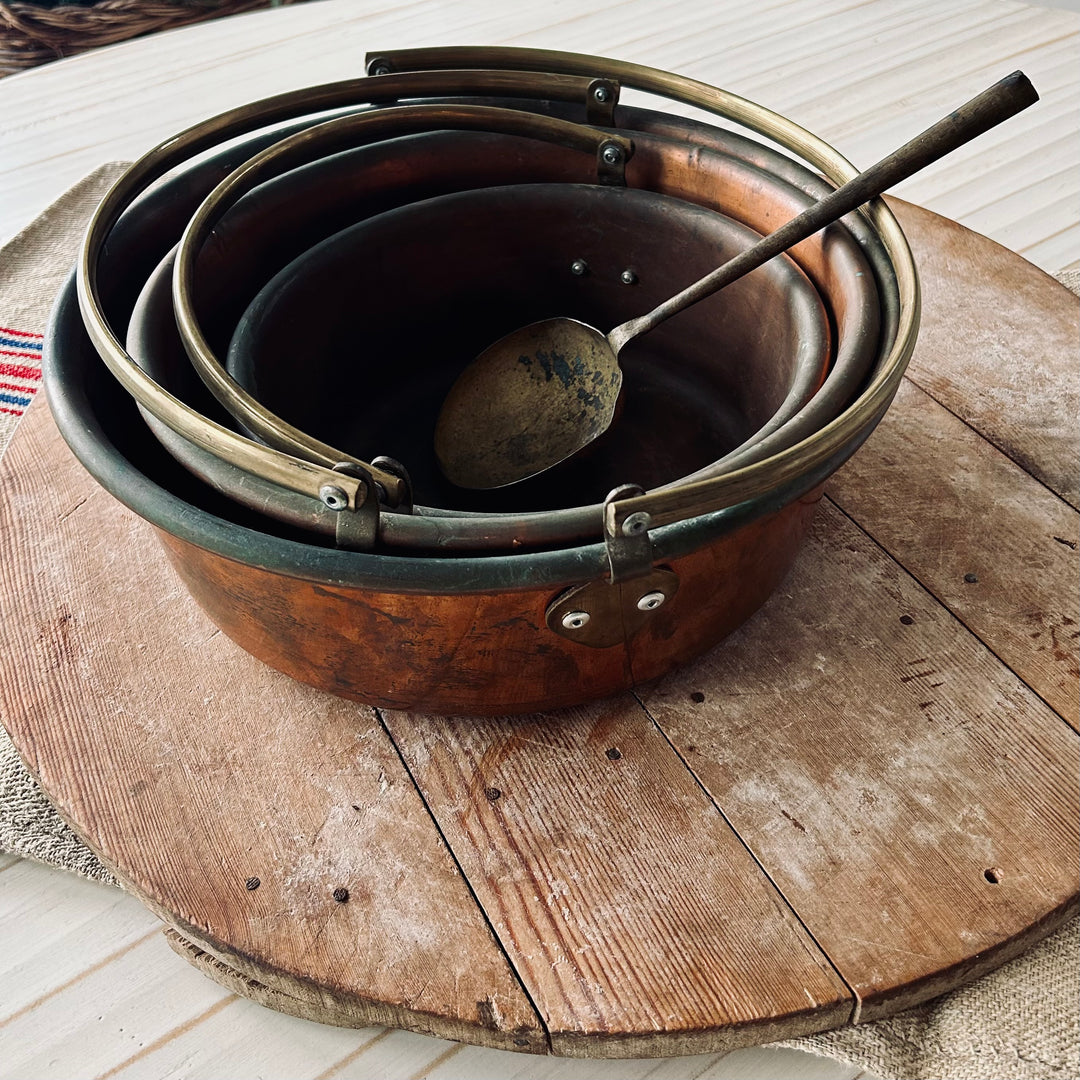 Antique Copper Preserving Pans with Brass Handles — Set of Three