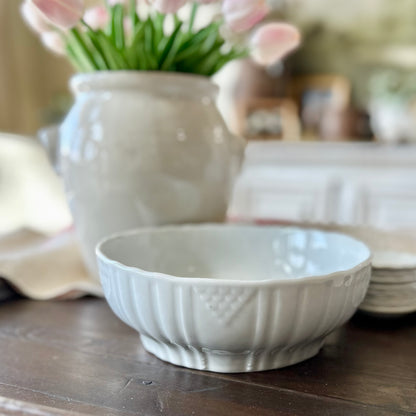 Antique European White Ironstone Serving Bowl with Embossed Detail