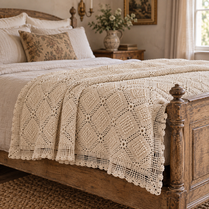 Vintage Hand-Crocheted Ivory Bedspread