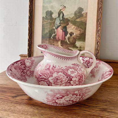 Antique Sarreguemines Rose Transferware Washstand Set