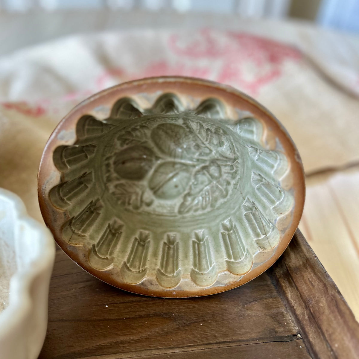 Antique Stoneware Pudding Mold / Jelly Mold with Olive Glaze