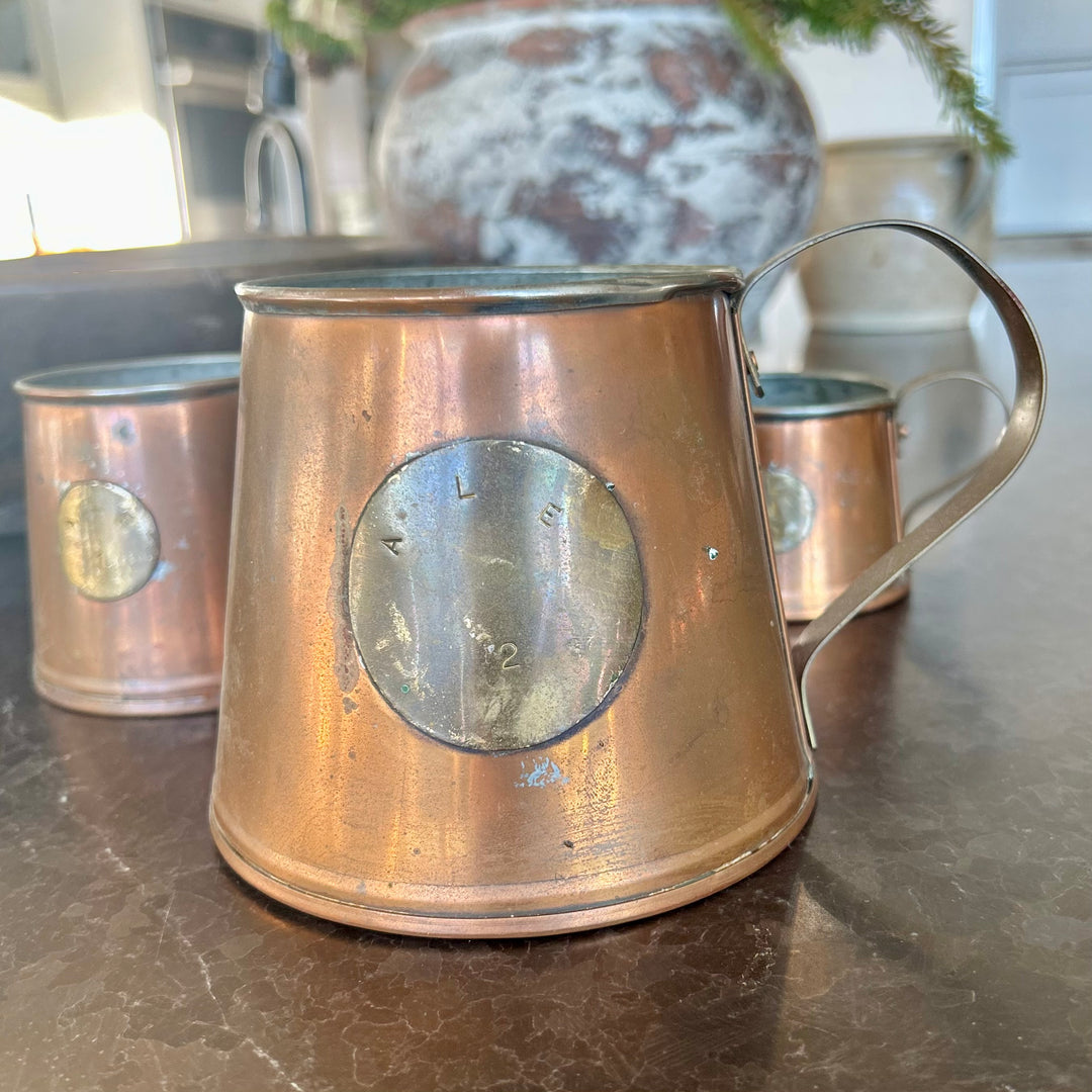 Set of Antique Copper Measuring Jugs with Verification Medallions — Graduated Set of Three