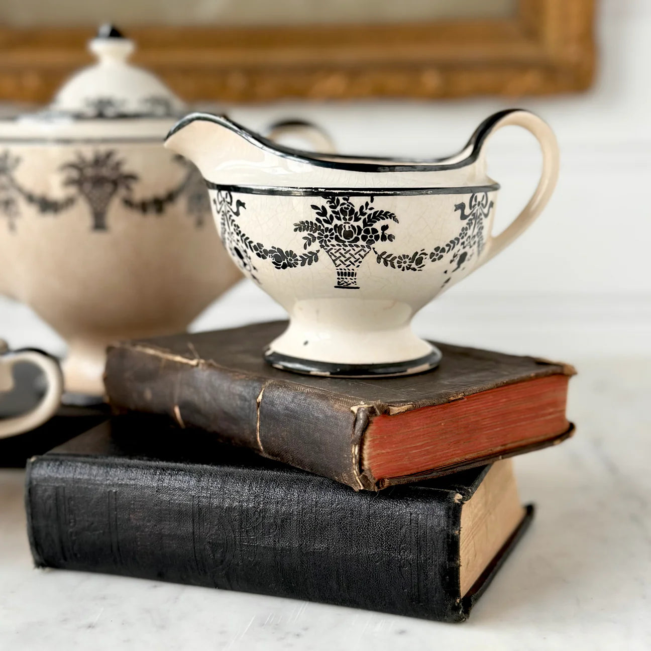 Antique English Black Transferware Three-Piece Tea Set Circa 1825–1845