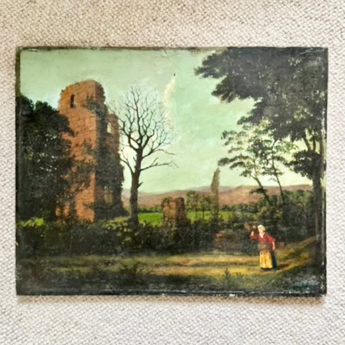 Victorian Landscape with Ruins — Oil on Wood Board, Signed Peeters
