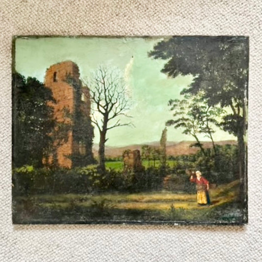 Victorian Landscape with Ruins — Oil on Wood Board, Signed Peeters