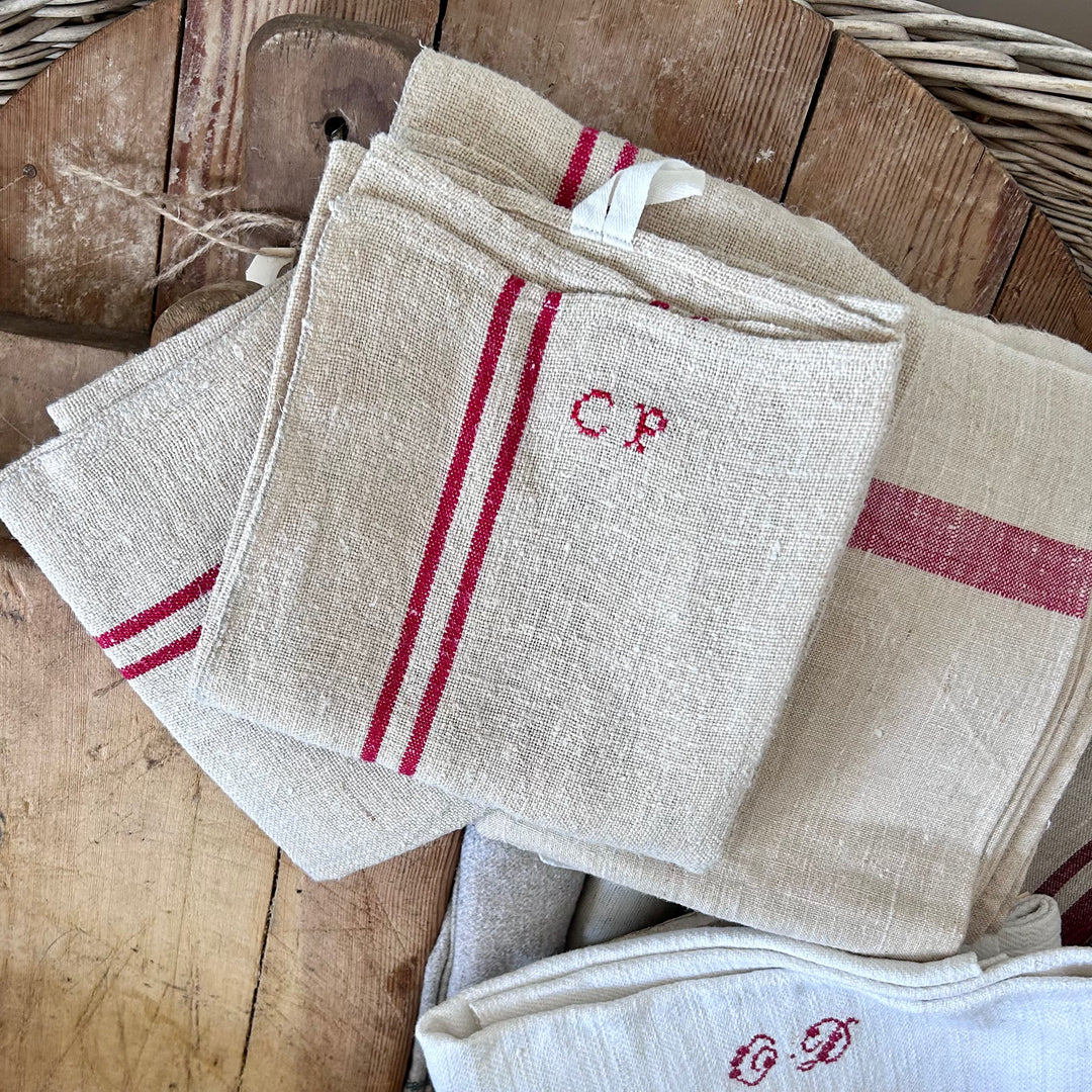 Antique French Linen Torchon with Red Grain Stripe & Monogram