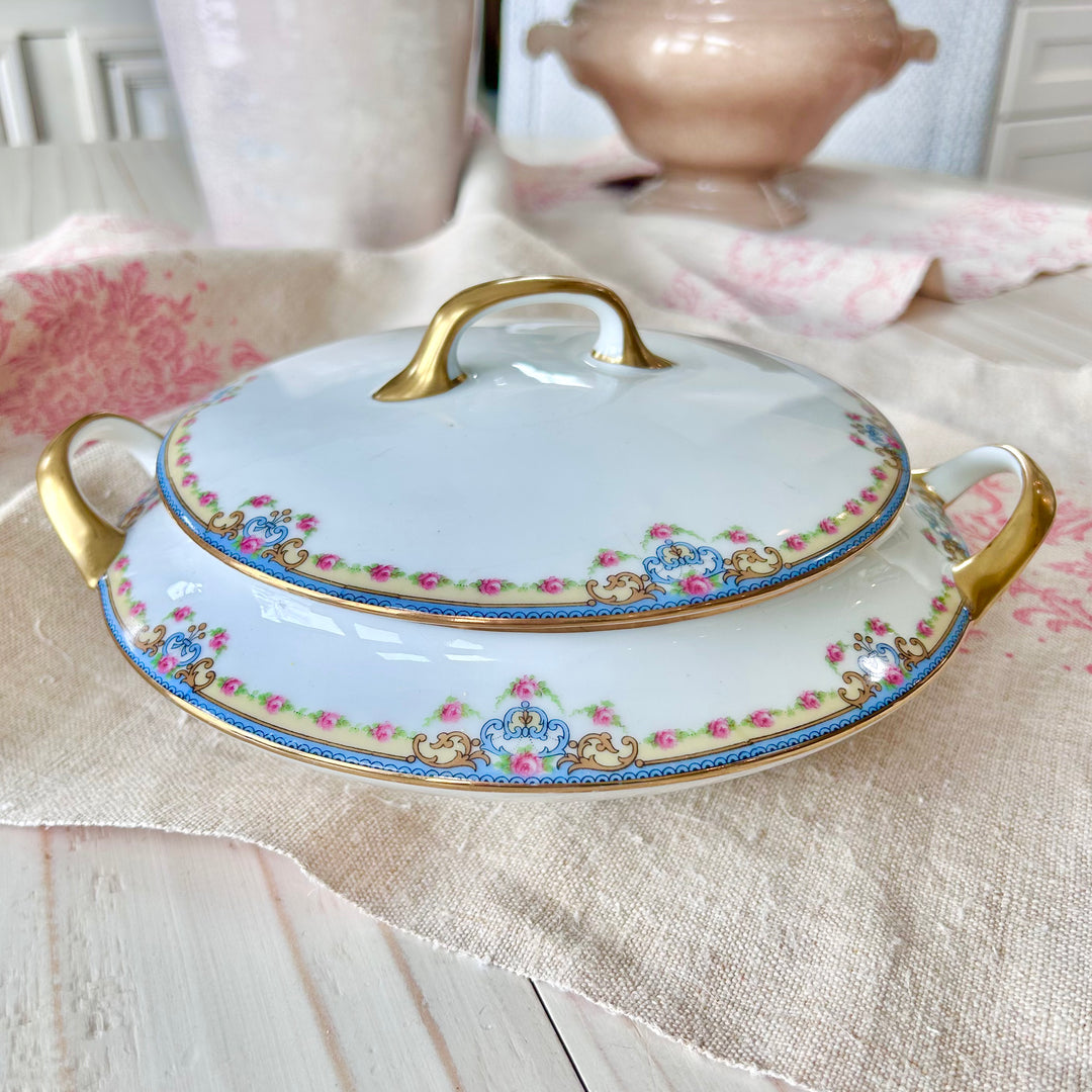 Antique French Porcelain Covered Serving Dish with Floral Garland & Gilt Handles